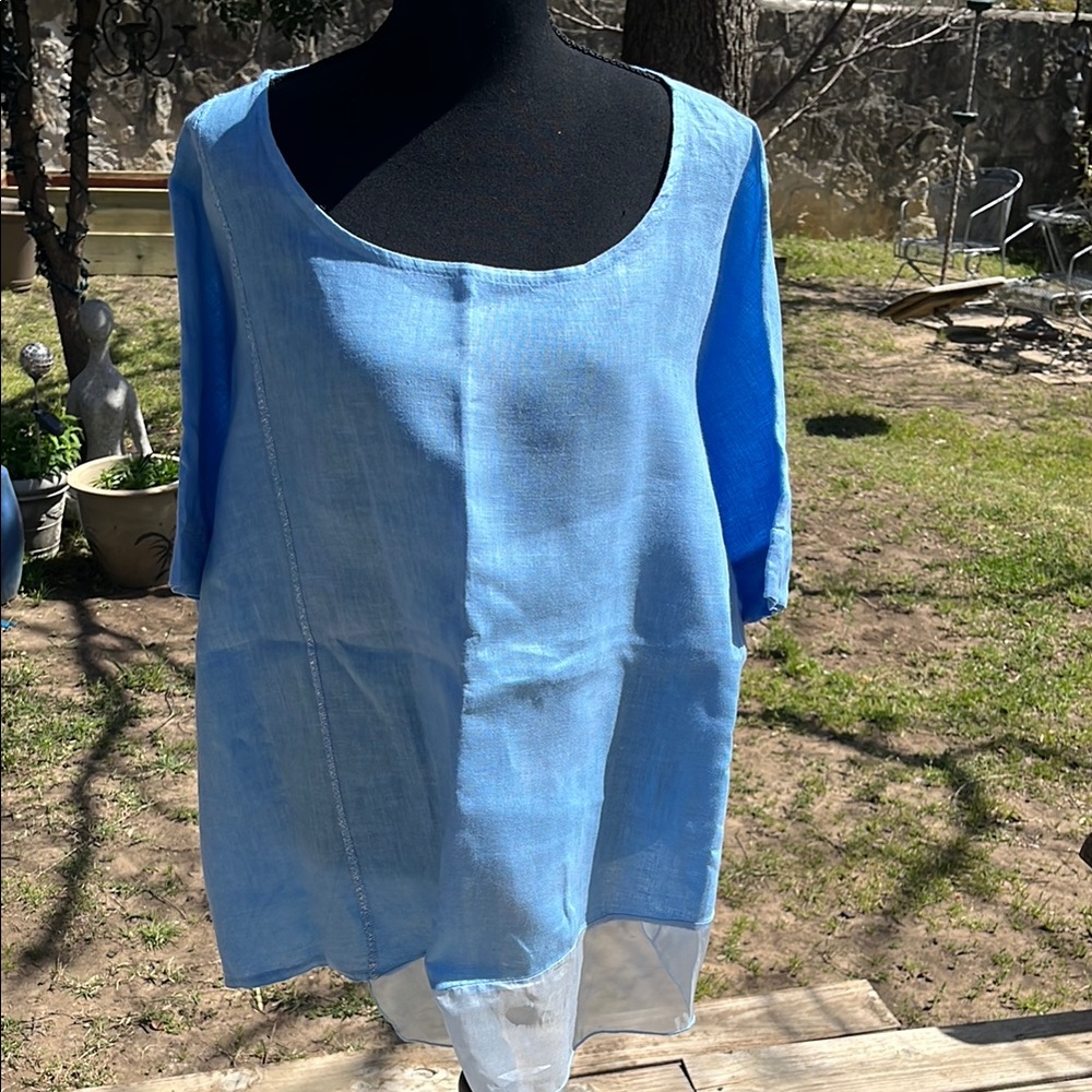 Blue Made In Italy. Oversized 100% Linen  Tunic. 3/4 Sleeve. Sheer wide trim. M